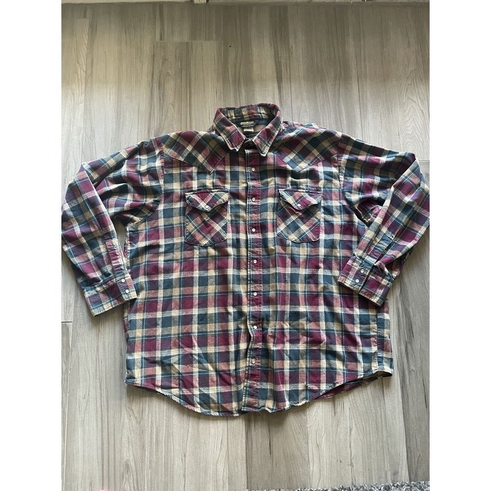 OshKosh B'gosh Flannel Shirt Men XXL 2XL Green Red Plaid Casual Pearl Snap